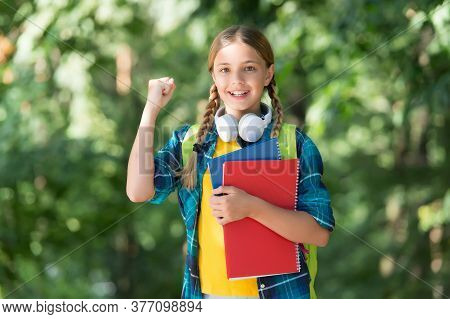 Homework Done. Happy Kid Celebrate Back To School. Little Child Hold Books. Homework Assignment. Aft