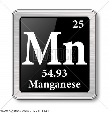 Manganese Symbol.chemical Element Of The Periodic Table On A Glossy Black Background In A Silver Fra