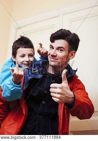 Faher And Son Together Having Fun At Home, Lifestyle Happy Family, People At Home