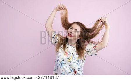 Cheerful Young Brownhead Woman Girl In Casual Dress Posing Isolated On Pink Wall Background Studio P