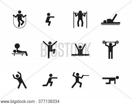 Sports Workout Icons Silhouette Set. Fitness Exercises In Gym And On Sports Ground Lifting Weights J
