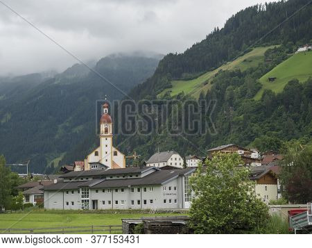 Summer Morning Foggy View On Neustift Im Stubaital Church At Stubaital Or Stubai Valley Near Innsbru