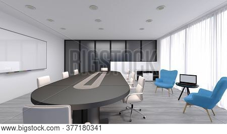 3d Rendering Of An Office. A Concept Of An Office And How It Can Be Simply Decorated. A Light Plays 