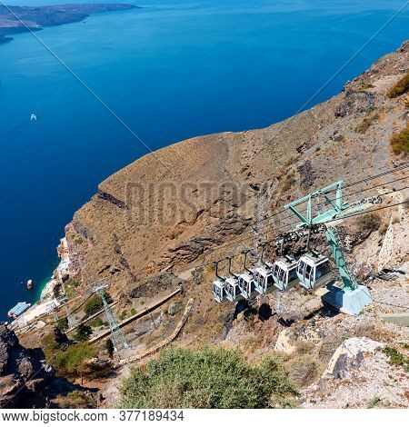 Santorini cable car on the high coast and the cruise port, Greece