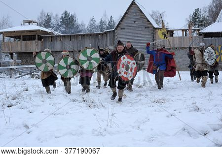 The Festival Is A Historical Reconstruction Of The Viking Age In Winter. Vikings Attack With Shields