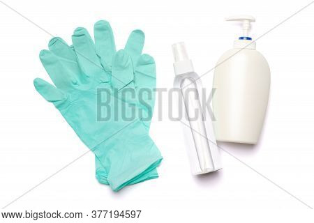 Flat Layout Of Hygiene Items - Latex Gloves And Hand Sanitizer Or Liquid Soap Isolated On White Back