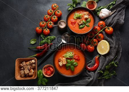 Andalusian Gazpacho. Red Tomato Cold Gazpacho Soup In Glass, With Cucumber, Onion, Basil ,chili Pepp