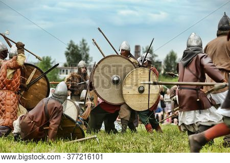 Russia, Staraya Ladoga 23,06,2012 Reenactors With Shields And Spears During The Battle, The Festival