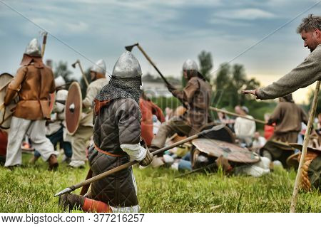 Russia, Staraya Ladoga 23,06,2012 Reenactors With Shields And Spears During The Battle, The Festival