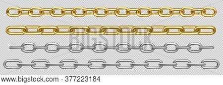 Metal Chain Of Silver, Chrome, Steel Or Golden Links. Border With Connected Stainless Rings. Straigh
