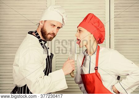 Cooking Is Sexy. Sharp Knife Professional Tool. Man Use Sharp Cleaver Knife. Couple Playful With Dan