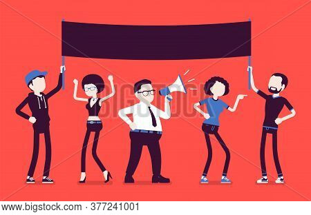 Demonstration Of People With Banner. Activists Of Political, Social Movement, Strike For Human Right