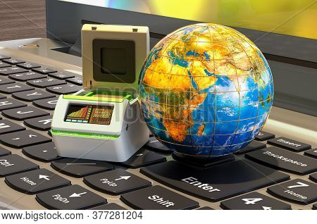 Global Testing Concept. Pcr Thermal Cycler With Earth Globe On The Laptop Keyboard, 3d Rendering