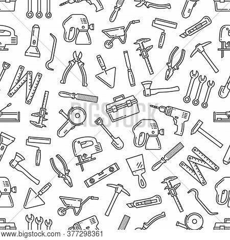 Repair Tools Thin Line Seamless Pattern, Vector Background Of Construction And Building Industry, Di