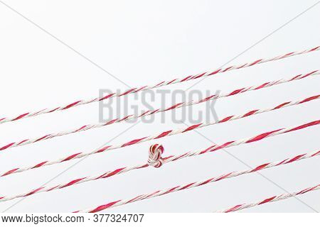 Knot On Straight Rope In White Background And Copy Spcae On Top