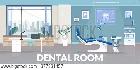 Dental Room Banner Flat Vector Template. Stomatological Clinic Brochure, Booklet One Page Concept De