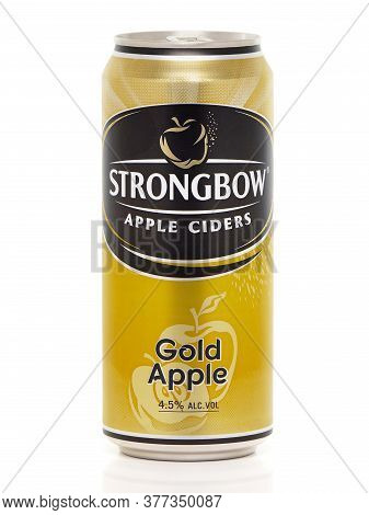 Bucharest, Romania - August 12, 2015. Can Of Strongbow Gold Apple, Apple Cider, Isolated On White