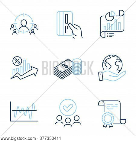 Report Document, Stock Analysis And Loan Percent Line Icons Set. Diploma Certificate, Save Planet, G