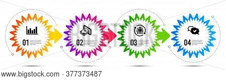 Column Chart, Teamwork And Approved Icons Simple Set. Timeline Steps Infographic. Cash Sign. Financi