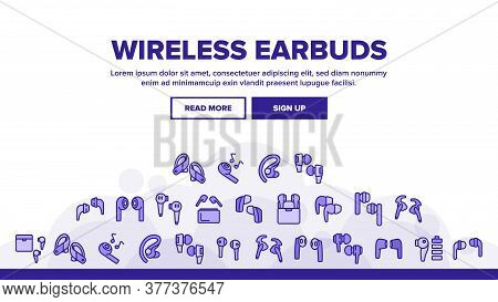 Wireless Earbuds Stereo Device Landing Web Page Header Banner Template Vector. Airpods Wireless Head