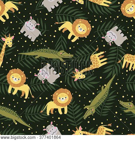 Tropical Seamless Pattern With African Animals On A Black Background.