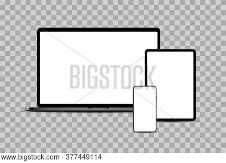 Set Of Black Portable Electronic Devices: Smartphone, Tablet, Laptop, With Blank Checkered Transpare