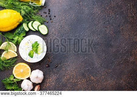 Traditional Greek Sauce Or Appetizer Tzatziki With Yogurt, Garlic, Cucumber And Dil