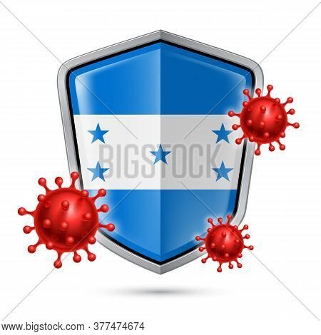 Flag Of Honduras On Metal Shiny Shield Icon And Red Corona Virus Cells. Concept Of Health Care And S