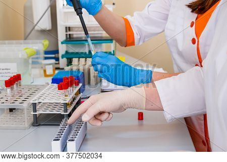 Medical Assistance With Electric Dropper. Taking Blod Sample. Diagnosing Laboratory. Selective Focus