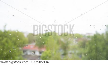Rain Drops On Glass. Wet Window With Raindrops, Nature Background, Transparent Dropet