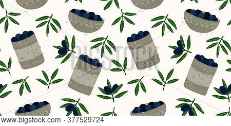 Gray Tin Cans And Bowls With Black Olives. Seamless Repeating Pattern. Olive Branches. Pattern With 