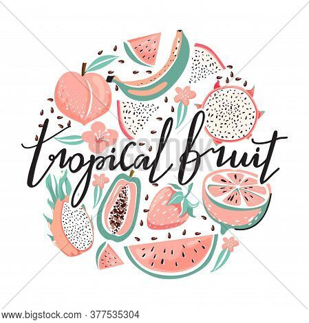 Set Of Dragon Fruit, Papaya, Watermelon, Banana, Strawberry, Peach, Flower, Seeds And Trendy Letteri