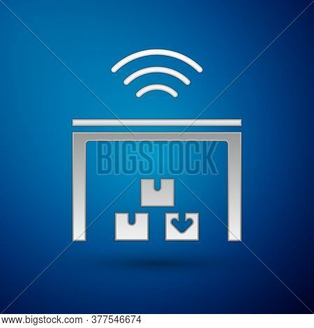 Silver Smart Warehouse System Icon Isolated On Blue Background. Vector
