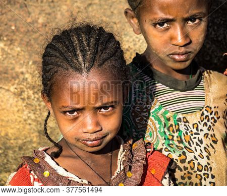 Aksum, Ethiopia - Feb 08, 2020: Ethiopian Girls On The Road From Axum To The Simien Mountains, North