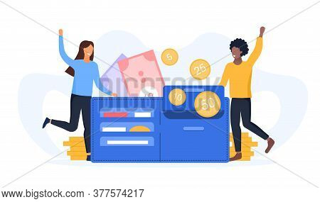 Family Budget Concept With Multiracial Couple Cheering On Either Side Of A Wallet With Money And Ban