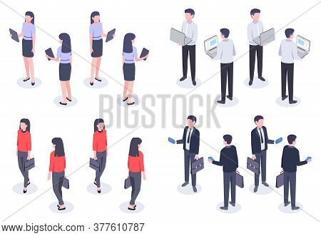 Business People Isometric Set. Man And Woman Office Worker In Elegant Formal Clothes Holding Devices