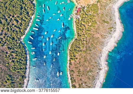 Aerial View Of Palmizana, Sailing Cove And Turquoise Beach On Pakleni Otoci Islands, Archipelago Of 