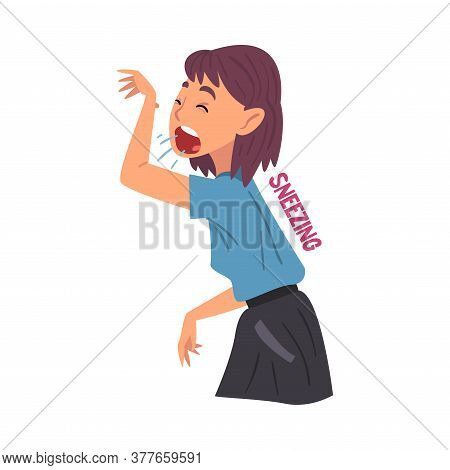 Cold Symptom, Sneezing Girl, Cold Symptom, Medical Treatment And Healthcare Concept Cartoon Style Ve
