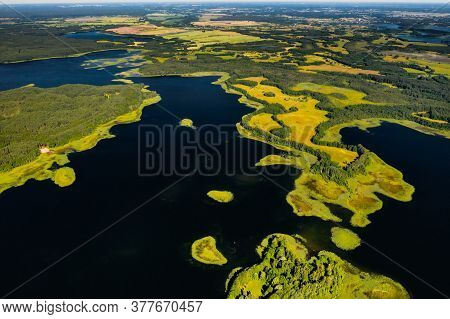 Top View Of The Snudy And Strusto Lakes In The Braslav Lakes National Park, The Most Beautiful Lakes