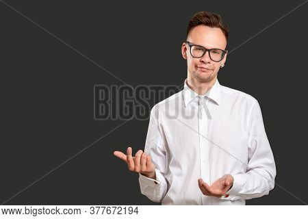 Skeptic Man Portrait. Oh Come On. Disappointed Millennial Guy With Sarcastic Smile Isolated Showing 
