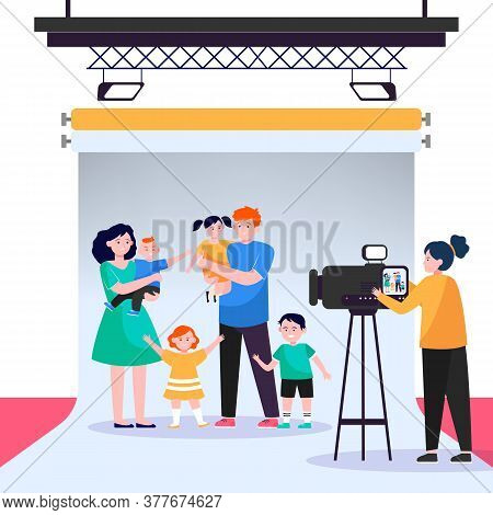 Camerawoman Filming Big Family Scene In Studio. Parents And Children Posing For Camera Flat Vector I