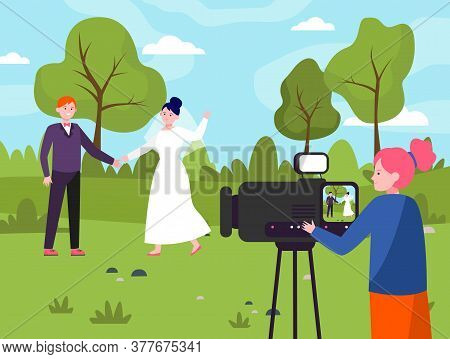 Female Operator Working At Wedding. Camerawoman Filming Just Married Couple Outdoors Scene Flat Vect