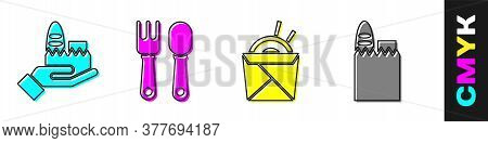 Set Online Ordering And Delivery, Fork And Spoon, Asian Noodles And Chopsticks And Shopping Bag And 