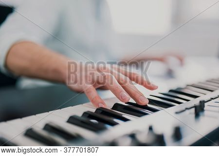 Young Mans Hands Playing Keyboard Piano, Composing Music , Music Record Concep, Art, Song Compositio