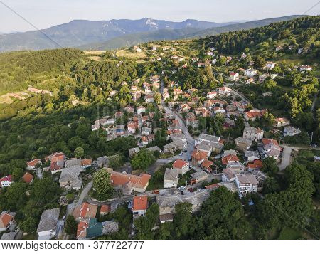 Aerial Sunset View Of Village Of Yavrovo With Authentic Nineteenth Century Houses, Plovdiv Region, B
