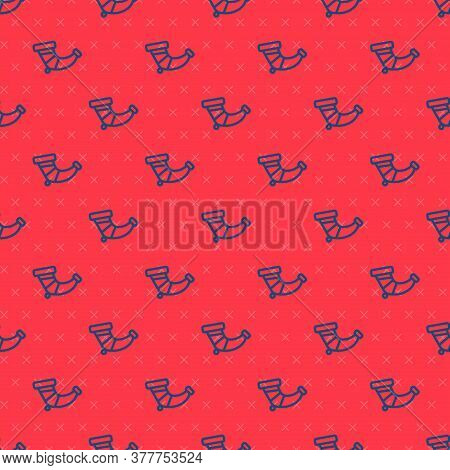 Blue Line Hunting Horn Icon Isolated Seamless Pattern On Red Background. Vector