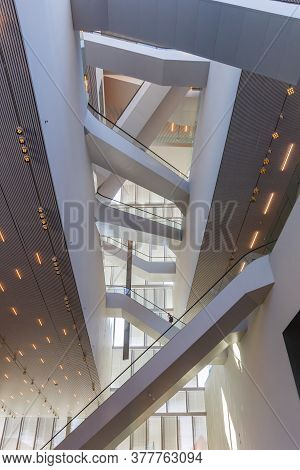 Groningen, Netherlands - July 13, 2020: Escalators Leading To The Roof Of The Forum Builsing In Gron