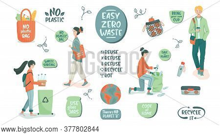 Eco Vector Illustration. Zero Waste Lifestyle. People Sorting Waste And Use Eco Bag And Reusable Cup