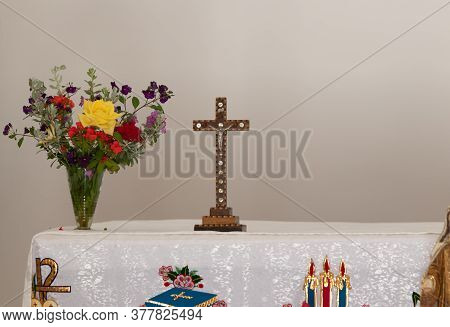 Daliyat Al-karmel, Israel, July 17, 2020 : The Decoratively Decorated Crucifix Stands On A Table In 