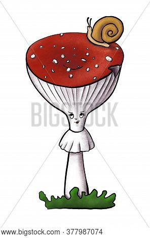Illustration Of Redcap Lady Fly Agaric With Snail On Green Grass. Hand-drawn Poisonous Mushroom Femi